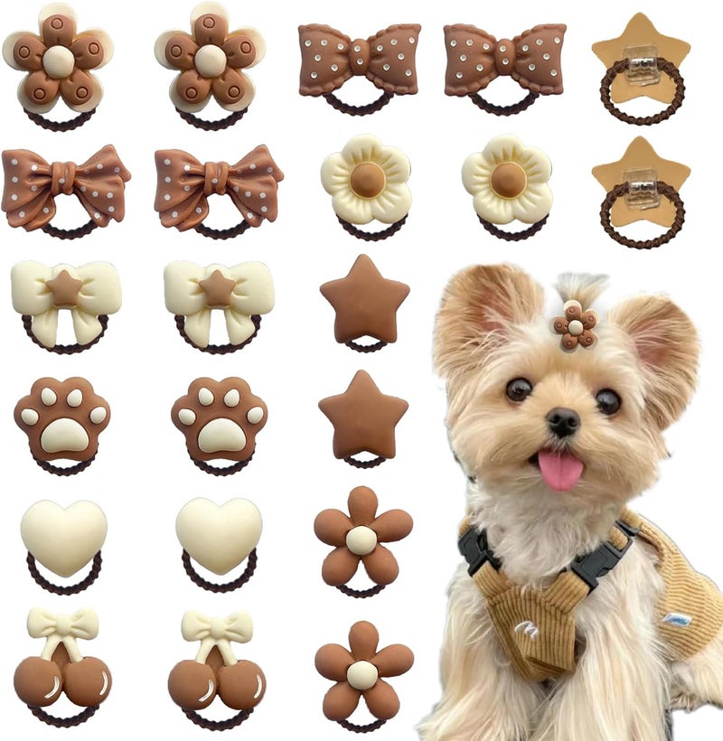 FGISAR 20 Pcs Small Dog Hair Bows with Rubber Bands Puppy Bows for Ears Cute Grooming Flower Bowknot Star Topknot Dog Hair Accessories for Small Dogs Girl Hair Ties for Yorkie Shih tzu Maltese (Brown) - Image 1